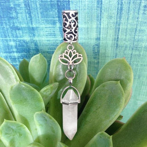 Silver Metal Loc And Braid Hair Charm Jewelry With Attached Quartz Crystal. 