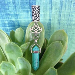 Silver Metal Loc And Braid Hair Charm Jewelry With Attached Blue Howlite Color Crystal.