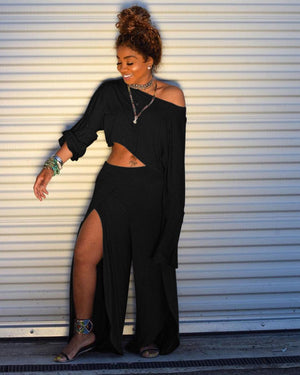 Model wearing Brianna 2-piece Crop Top and Wide Leg Pant in black