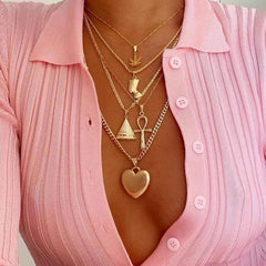 5 Layer Chain Necklace with Wind Leaf, Nefertiti, Ankh, Pyramid, and Heart Pendants.
